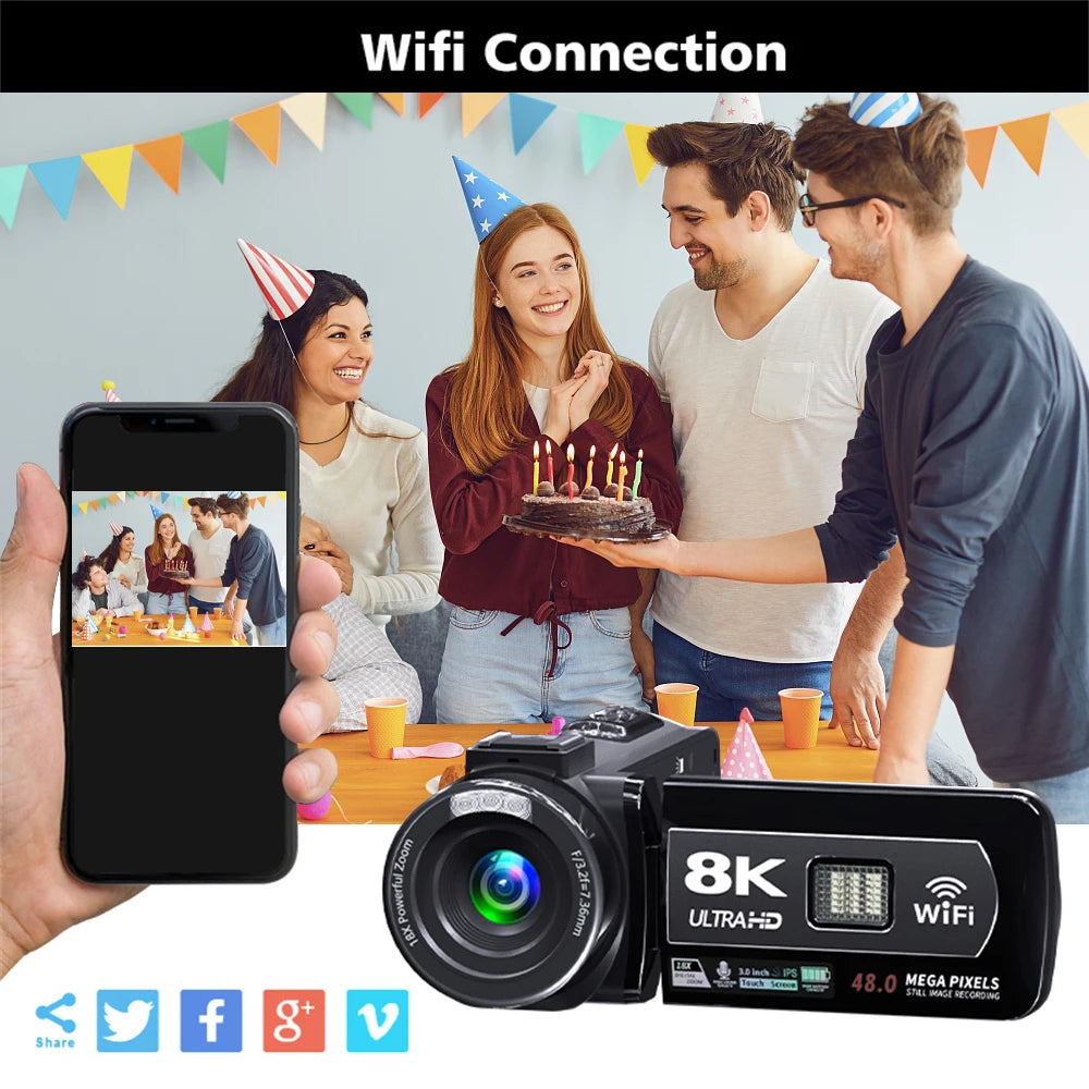 8K Digital Video Camera 64MP Professional Camera 18X igital Zoom Camera Recorder 3 Inch LCD Touch Screen Recording Camcorder