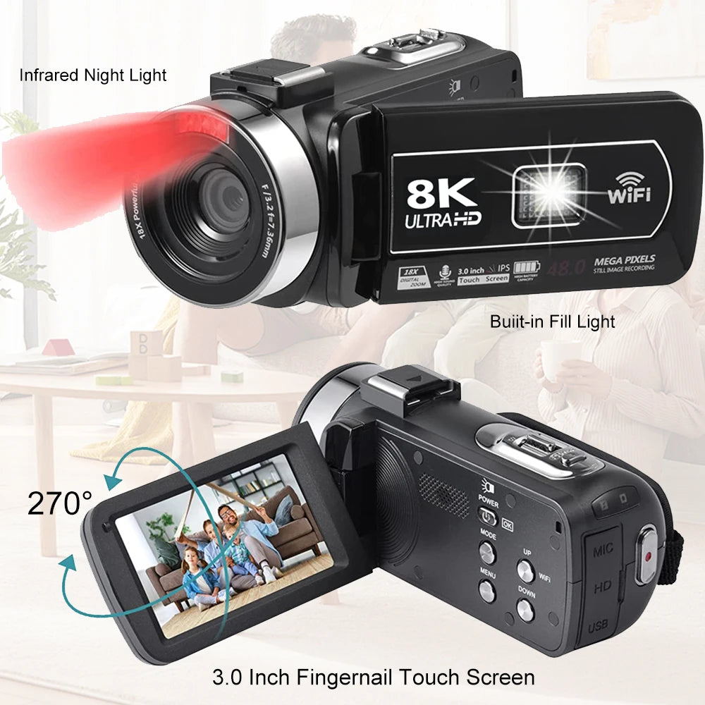 8K Digital Video Camera 64MP Professional Camera 18X igital Zoom Camera Recorder 3 Inch LCD Touch Screen Recording Camcorder