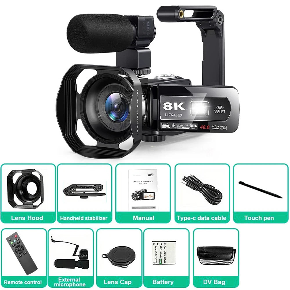 8K Digital Video Camera 64MP Professional Camera 18X igital Zoom Camera Recorder 3 Inch LCD Touch Screen Recording Camcorder