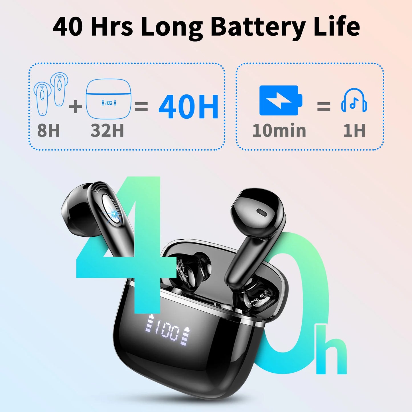 Wireless Music™ wireless earbuds with Noise Canceling Mic, 40H LED Display Charging Case