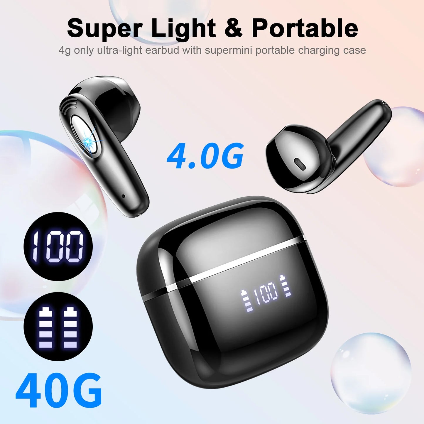 Wireless Music™ wireless earbuds with Noise Canceling Mic, 40H LED Display Charging Case